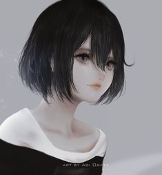 an animated image of a woman with short black hair and white shirt, looking to the side