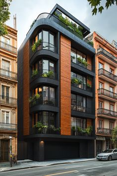 an apartment building with plants growing on the balconies