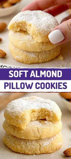 soft almond pillow cookies are stacked on top of each other