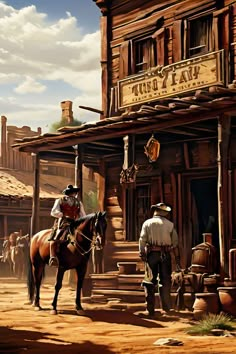 two men riding horses in front of an old western town