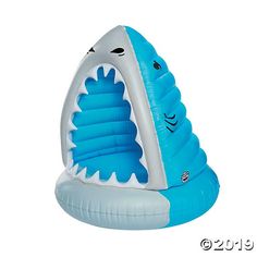 an inflatable boat with a shark design on the front and side, is shown