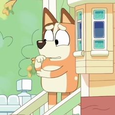 a cartoon dog is standing on the porch with his paw up and looking at something