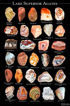 a poster with different types of rocks and their names on it's black background