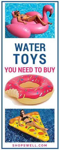 an advertisement for toys that is in the water and has a woman laying on it