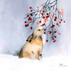 a watercolor painting of a dog looking at berries on a tree in the snow