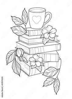 a stack of books with flowers and a heart on top, in black and white