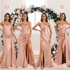 the bridesmaids are wearing different styles of dresses and one is showing off her thigh high