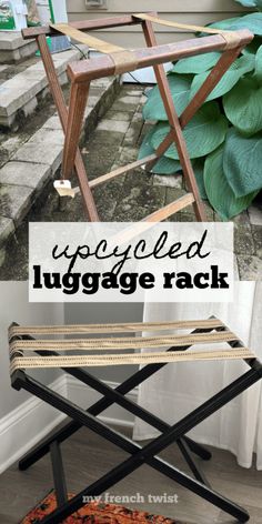 an upcycled luggage rack is shown with text overlay