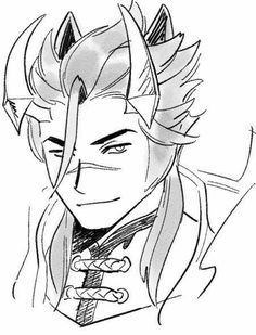 a drawing of an anime character with long hair and horns on his head, looking to the