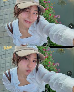 two pictures of a woman in white shirt and brown hat with flowers behind her head