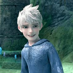 an animated image of a boy with blonde hair wearing a blue hoodie and smiling at the camera