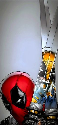 the deadpool is holding two large knives in one hand and wearing a red helmet