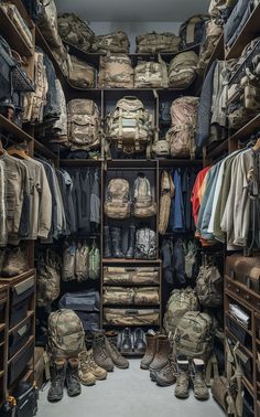 a closet filled with lots of clothes and backpacks