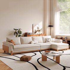 a living room filled with furniture and a white rug