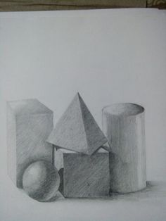 a pencil drawing of three different shapes and one is in the process of being colored