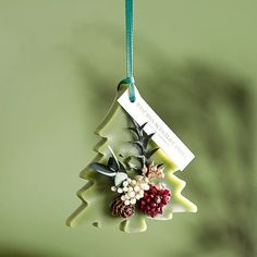 a christmas tree ornament hanging from a green cord with a tag on it