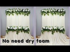 three pictures of curtains with white flowers and greenery on the top, one is drapes