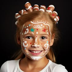 Capture the sweetness of gingerbread with this makeup look featuring brown base makeup, white icing details, and candy decorations for a whimsical holiday appearance Gingerbread Man Face Paint, Ginger Bread Makeup, Gingerbread Faces Painting, Gingerbread Man Makeup, Gingerbread Makeup, Cookie Makeup, Shrek Jr, Christmas Face Painting, Gingerbread Lady