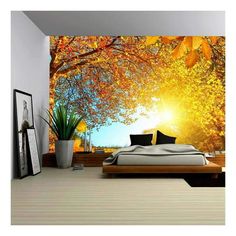 an image of a bedroom scene with trees in the sun shining through the leaves on the wall