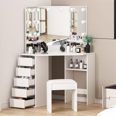 PRICES MAY VARY. NOTICE: This corner vanity with mirror and lights is shipped in two separate packages (Box A and Box B) and should be installed only after receiving both packages. Adjustable Lighting and Spacious Mirror: Equipped with 10 LED bulbs with adjustable brightness and three light modes, this makeup table provides a large mirror for creating the perfect makeup look every day. Ample Storage: With a large desktop, 5 drawers, 2 shelves, and additional storage space, this vanity offers ple Corner Vanity Table, Corner Makeup Vanity, Corner Dressing Table, Makeup Organization Ideas, Primary Closet, Mini Closet, Lavabo D Angle, White Vanity Desk, Vanity Inspo