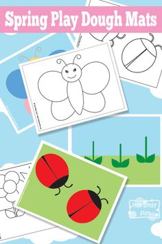 printable spring play dough mats with pictures of ladybugs and flowers on them