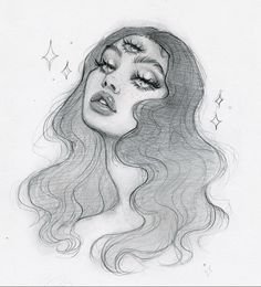 a pencil drawing of a woman's face with stars in the sky above her