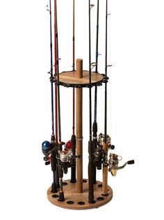 a spinning fishing rod holder with multiple rods and reels on it's sides