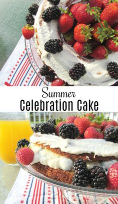 a cake with strawberries and blackberries on top is shown in two different pictures