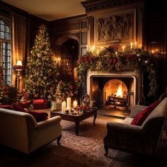 a living room decorated for christmas with candles and decorations on the fireplace mantels