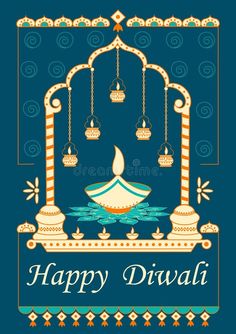 happy diwali greeting card with hanging lamps and water in the background royalty illustration