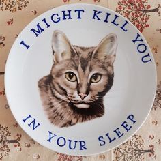 a plate with a cat on it that says i might kill you in your sleep