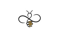 a black and yellow bee logo on a white background