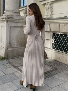 Classic New Women Solid Pleated Round Neck Long Dress Elegant Casual Long Sleeve Lace Up Dresses Knitted Maxi Dress, Maxi Dress Casual, Tailored Fashion, Fitted Maxi Dress, Office Dresses For Women, Dress Women Elegant, White Short Dress, Long Midi Dress, Sophisticated Dress