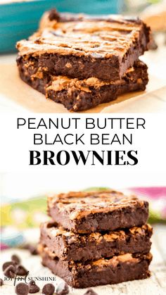 peanut butter black bean brownies are stacked on top of each other with chocolate chips