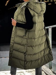 Women's Puffer Vest Long Winter Coat Sleeveless Hooded Jacket Thermal Warm Parka Windproof Gilet Zipper Outerwear Fall 2024 - $47.99 Puffer Vest Long, Womens Puffer Vest, Long Winter Coats, Outerwear Vest, Long Winter, Quilted Vest, Casual Street Style, Puffer Vest, Fall 2024