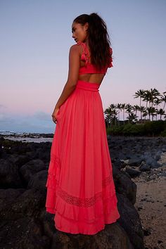 Femme beachy maxi from our free-est collection featuring a dramatic tiered skirt, crochet lace insets and a drawstring waist. * Tassel drawstring * Semi-sheer accents * Flowy fit | Santa Maria Maxi Dress by free-est at Free People in Orange, Size: L Pink Flowy Tiered Beach Dress, Pink Flowy Maxi Dress For Beach Cover-up, Flowy Free-spirited Summer Maxi Dress, Flowy V-neck Tiered Beach Dress, Pink Maxi-length Beachy Beach Dress, Beachy Maxi Dress, Watermelon Wedge, Skirt Crochet, Senior Trip