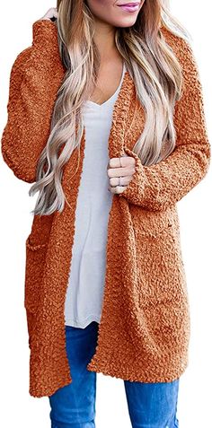 MEROKEETY Women's Long Sleeve Soft Chunky Knit Sweater Open Front Cardigan Outwear Coat, Orange, L at Amazon Women’s Clothing store Khaki Sweater, Women Long Cardigan, Winter Knitwear, Orange Coffee, Sweater Dress Outfit, Fleece Cardigan, Gilet Long, Outwear Coat, Winter Vest