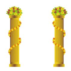 two tall yellow pillars with flowers and leaves on each column, one is taller than the other