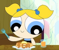 a cartoon character sitting at a table with pancakes and juice in front of her face