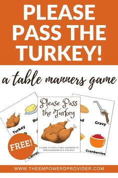 a turkey game with the words please pass the turkey on it and an orange background