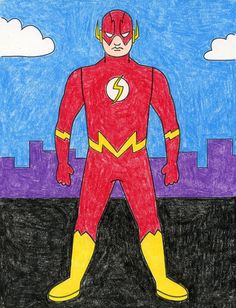 a drawing of the flash standing in front of a city