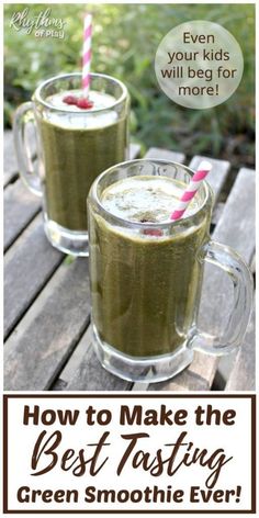 two glasses filled with green smoothie on top of a wooden table