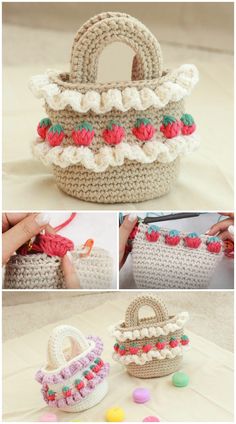 crocheted purses and baskets are shown in three different pictures, one is made with