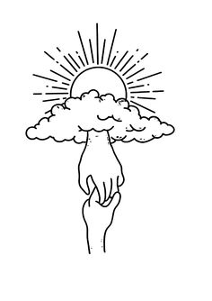 a drawing of a hand reaching out to the sky with sun coming out from behind it