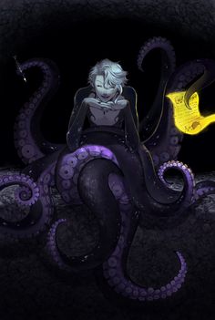 an illustration of a woman sitting on top of an octopus in the dark with a yellow light