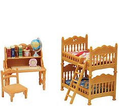 a doll house furniture set with bunk bed and desk