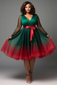 Xpluswear Design Plus Size Evening Black V Neck Gradient See Through Glitter Maxi Dresses - Xpluswear Brown Dresses Formal, Plus Size Red Dress, Cowgirl Photoshoot, Plus Size Evening Gown, Plus Size Christmas, Tulle Mini Dress, Tulle Maxi Dress, Christmas Dress Women, Green Gradient