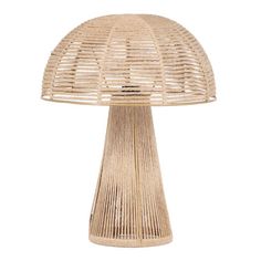 an image of a lamp that is made out of wicker and has a light on top