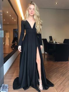 Cocktail Dress Classy Evening Long, Dress With Sleeves Formal, Cocktail Dress Classy Evening, Dress Essentials, Women Evening Dresses, Long Black Evening Dress, Cocktail Dress Classy, Carpet Outfits, Formal Dresses With Sleeves