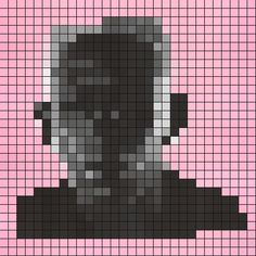 a pixellated image of a man's face in black and white, against a pink background